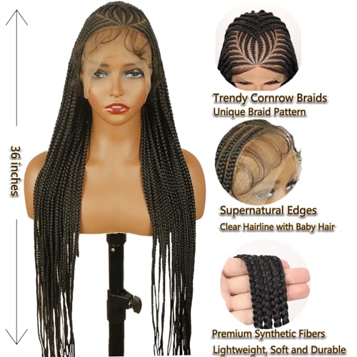 36¡± Knotless Cornrow Braided Wigs for Women Braided Wig with Baby Hair Realistic Full Lace Synthetic Braided Wigs Long Hair Braid Wigs