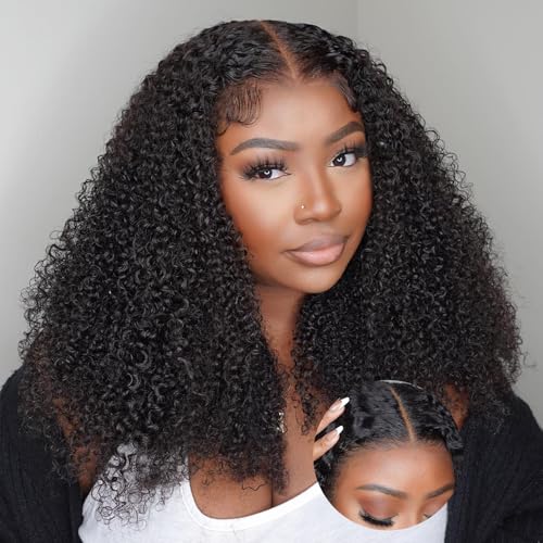 V SHOW Afro Kinky Curly Wear and Go Glueless Wigs Human Hair Pre Plucked Pre Cut 7x5 HD Lace Front Wigs Pre Bleached Bye Bye Knots 180% Density Afro Curly Lace Closure Wig Human Hair for Women 20 Inch
