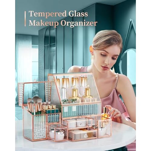 Glass Makeup Organizer - Multi-Functional 3-in-1 Cosmetic Organizer for Skincare, Lipstick, Brushes - Vanity Organizer & Bathroom Organizer