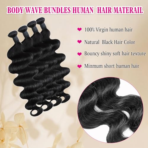 4 Bundles Human Hair Body Wave 22 24 26 28 Inch 100% Brazilian Virgin Hair Body Wave Bundles Human Hair Extensions Quick Weave Bundles Human Hair For Women Natural Black