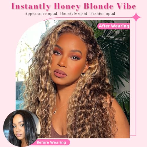 24 Inch Ombre Deep Wave Lace Front Wigs - Glueless, Pre Plucked, Wet and Wavy - 180% Density P4/27 Curly Human Hair Wig
