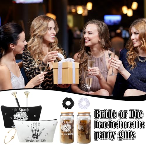 Hushee 30 Pcs Bride or Die Bachelorette Party Supplies Till Death Bridesmaids Gifts 16 oz Glass Cup Makeup Bag Scrunchy Knotted Bracelet Diamond Pen for Gothic Halloween Bridal Shower Wedding Supplies