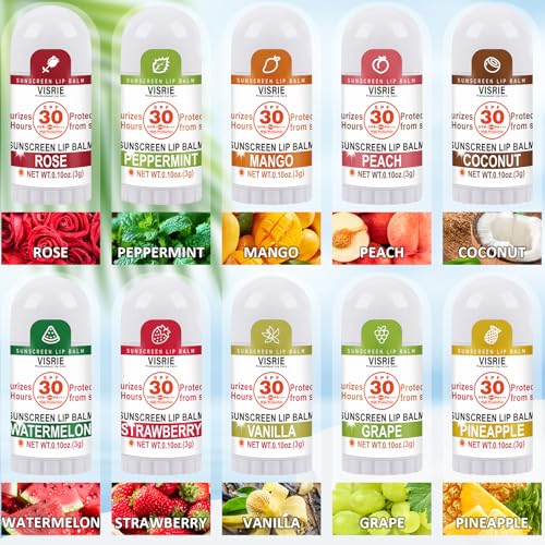 SPF 30 Sunscreen Lip Balm, SPF Lip Balm Bulk 60 Count, Broad Spectrum UVA/UVB Lip Sunscreen with Vitamin E and Coconut Oil- 10 Flavors