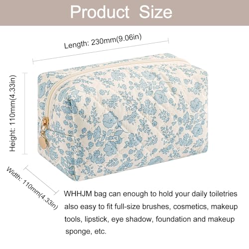 Cute Floral Makeup Bag Small Cotton Quilted Cosmetic Bag, Aesthetic Essential Bag Emergency Bag Gift for Women Girls Travel Accessories (Blue Floral)