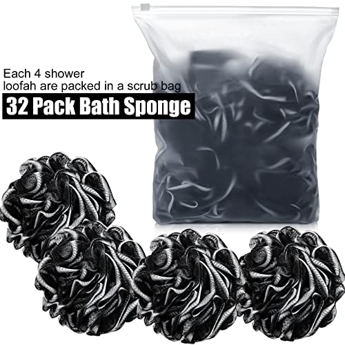 Shellwei 32 Pcs Bath Sponge Shower Loofahs Bulk 60 g Charcoal Body Shower Sponge Large Mesh Puff Soft Scrubber for Men and Women Exfoliating Pouf Balls with Bathing Accessories(Black White)
