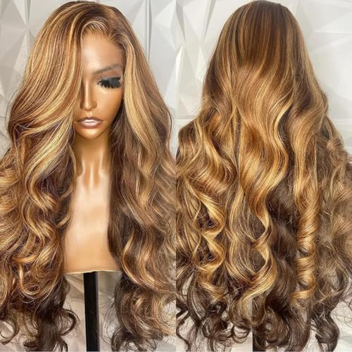 200% Density Highlight Ombre Lace Front Wig Human Hair Body Wave 13x6 Full Lace Frontal Wigs Pre Plucked P4/27 Honey Blonde Brown Colored Lace Frontal Wigs for Women