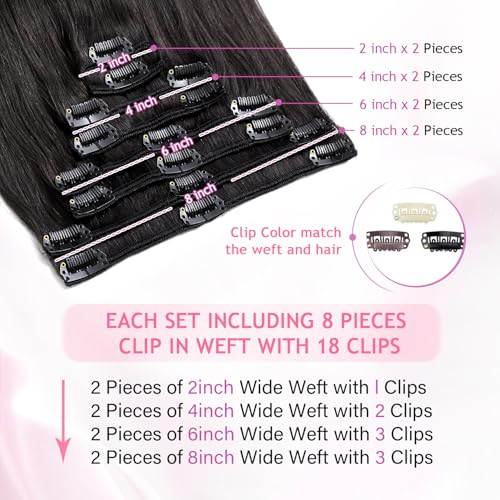 Clip in Hair Extensions Real Human Hair,100% Brazilian Remy Human Hair Clip ins for Women, Straight Seamless Double Weft Hair Extensions, Invisible 8pcs, 14 Inch 80g, #1B Natural Black