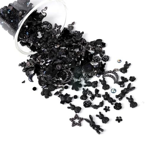 110 Pieces 3D Nail Charms for Acrylic Nails, Camellia Rose Flower Butterfly Bowknot Heart Bear Rabbit Star Charms for Nail Art Designs DIY Accessories Craft(Black+2)