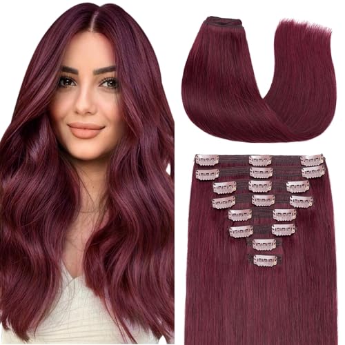 Elailite Clip in Hair Extensions Real Human Hair Double Weft Thick 8pcs Weft Burgundy 20 Inch 150g Remy Hairpieces Balayage Full Head Straight for Women
