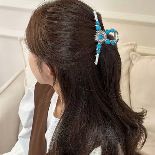 2 PACK Extra Turquoise Blue Stone Sun Hair Claw Clip, Metal Retro Style Hairpin Western Hair Clip, Nonslip Hair Accessories for Thick Hair