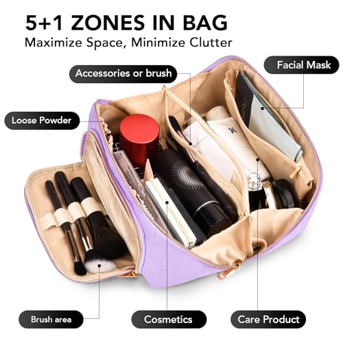 Travel Makeup Bag for Women, Large Capacity PU Leather Waterproof Checkered Cosmetic Bags, Portable Pouch Open Flat Toiletry Bag, Make up Organizer with Divider and Handle, Purple