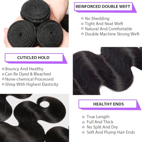 12A Body Wave Bundles Human Hair 28 30 32 Inch Human Hair Bundles 100% Unprocessed Brazilian Virgin Weave 3 Bundles Real Human Hair Double Weft Quick Weave Hair Extensions for Women Natural Black