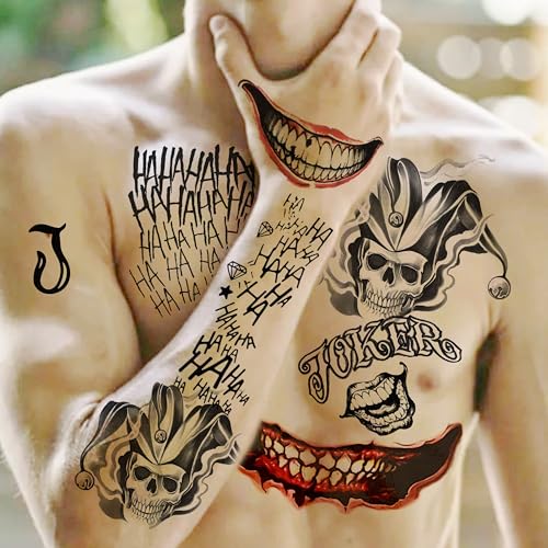 5 Sheets 3D Joker Tattoos Hand Halloween Makeup Kit, Prison Ghost Clown Damaged Joker Face Tattoo For Men Women Adults, Scary Prisoner Fake Temporary Tattoo Stickers Halloween Accessory Costume