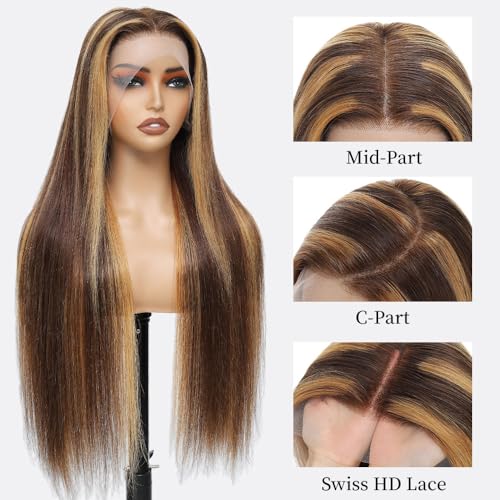 Highlight Ombre 13x6 Lace Front Wigs Human Hair Straight HD Lace Frontal Wigs Pre Plucked Tangle-Free 200 Density 4/27 Colored Real Virgin Human Hair Wig Invisilbe Hairline Tiny Knots 24 Inch