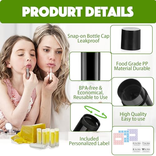 Lip Balm Tubes with Filling Tray and Spatula, 60 Empty Lip Balms Containers with Caps (Clear+Black), 60 Writeable and 60 Printed Stickers, BPA Free, Make Natural Lip Balm Kit for DIY
