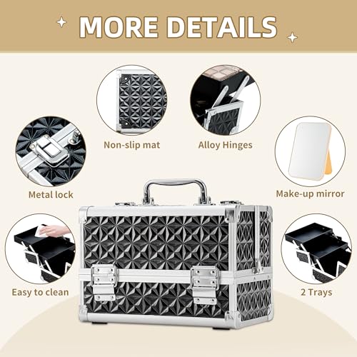 Leeora&Leekoo Makeup Train Case with Lighted Mirror,Portable Makeup Box Organizer (Black)
