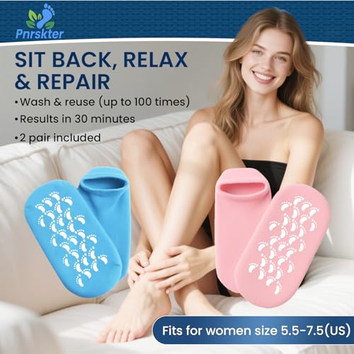 Moisturizing Gel Socks for Women, Full Foot Silicone Socks (Up to Size 7.5) - 2 Pairs Spa Foot Socks with Aloe Vera, Vitamin E & Oil for Dry Cracked Feet, Heel Repair Treatment