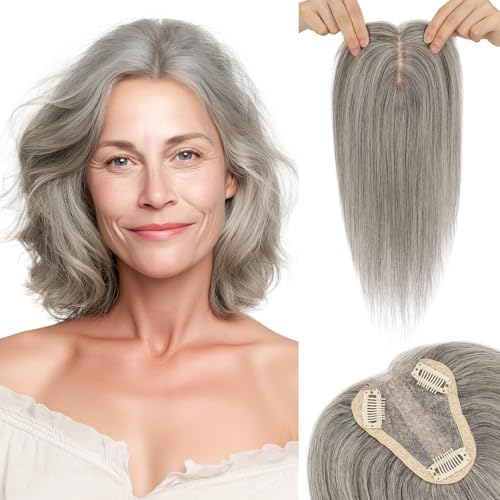 Hair Toppers for Women Real Human Hair with No Bangs 3.1¡¿3.9 Inch Silk Base Clip-In Topper Natural Looking Hairpieces for Women£¨14 Inch,Light Grey£©