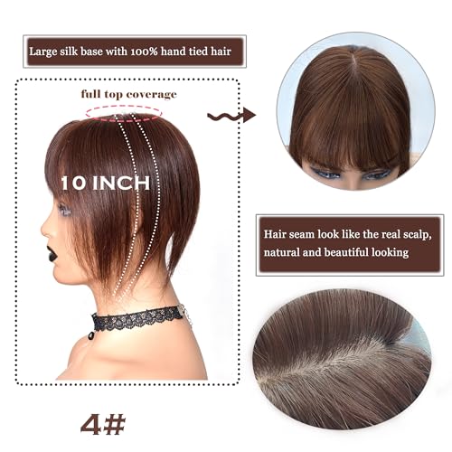 Hair Topper with Bangs Crown Coverage 5 * 5.5'' Cap size, 130% Density Straight Remy Hair Full Hand Tied Hair Piece (Medium brown, Bangs 4#, 10 Inch)
