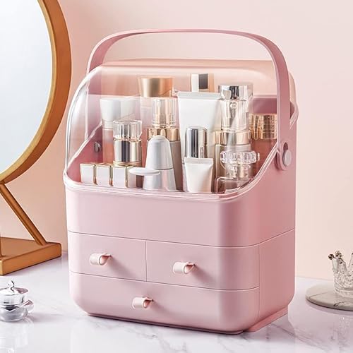 LINFIDITE Cosmetic Storage Box with Lid Waterproof&Dustproof Makeup Organizer Box Portable Handle,Large Makeup Display Case with Drawers Fully Open Lid,Great for Bathroom Countertop Bedroom Dresser