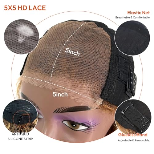 Highlight Deep Wave 5x5 HD Lace Closure Wigs Human Hair Glueless P4/27 Ombre Lace Closure Wig for Black Women 180 Density Honey Blonde Closure Wigs Pre Plucked 28 Inch