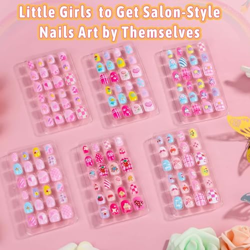 144 Pcs Kids Fake Nails Set, Thrilez 6 Pack Press on Nail Pre-glue Artificial False Acrylic Nails Set for Little Girl Children Toddlers