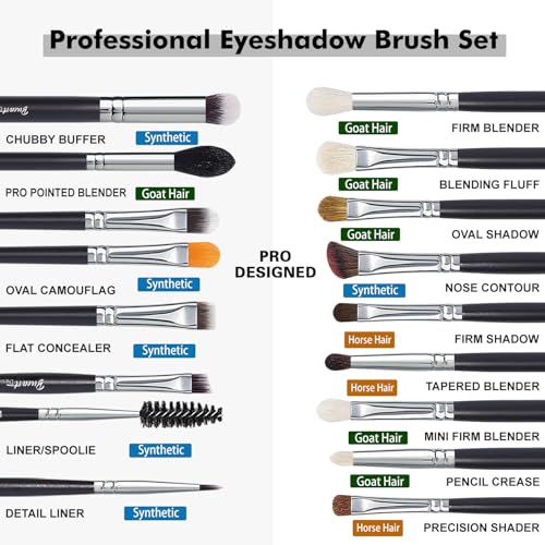 Bueart Design PRO GRADE Natural Hair Eyeshadow Makeup Brush Set,Professional 16Pcs Contour Concealer EyeShadow Eyeliner Brush with Premium Quality for Flawless Eye Makeup Application