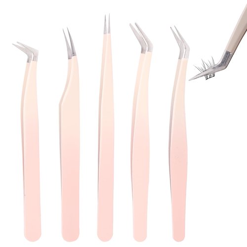 Rnodoilkfly 5 Pcs Lash Extension Tweezers, Lash Tweezers for Eyelash Extension, Straight and Curved Eyelash Tweezers, For Professional Eyelash Extension Artists, Girls, Women, Beginners