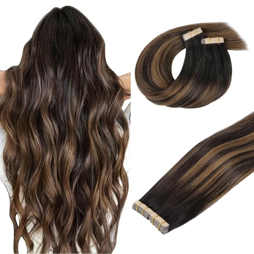 DOORES Tape in Human Hair Extensions, Balayage Dark Brown to Chestnut Brown100g 40pcs 22 Inch, Hair Extensions Tape in Straight Skin Weft Remy Hair Extensions