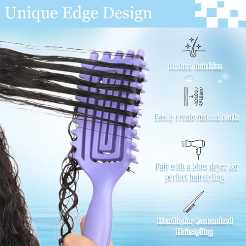 Curly Hair Brush,Curl Defining Brush plus 3 Pieces Hair Styling Comb Set(Slick Back Hair Brush,Rat Tail Comb,Edge Bristle Brush) Lightweight Vented for Combing, Shaping, Styling(Purple)
