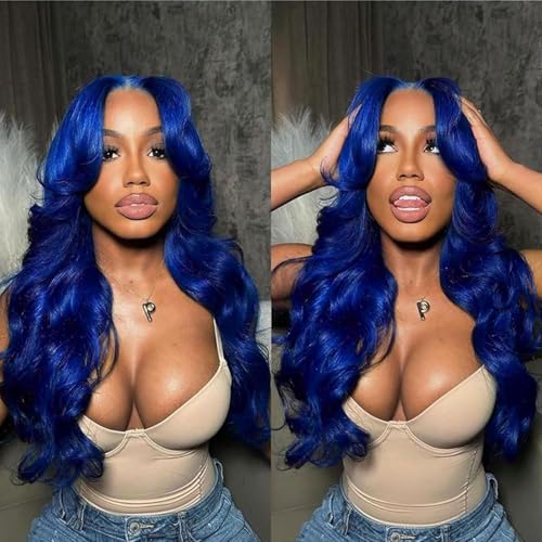 30 Inch Dark Blue Lace Front Wigs Human Hair 180% Density 13x4 HD Transparent Body Wave Lace Frontal Human Hair Wig Blue Glueless Colored Wigs for Women