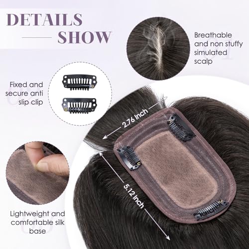 Hair Toppers for Women Real Human Hair 18 Inch Long Straight Toppers for Women with Thinning 7 * 13CM Silk Base Clip in Hairpieces with Bangs (Medium Brown)