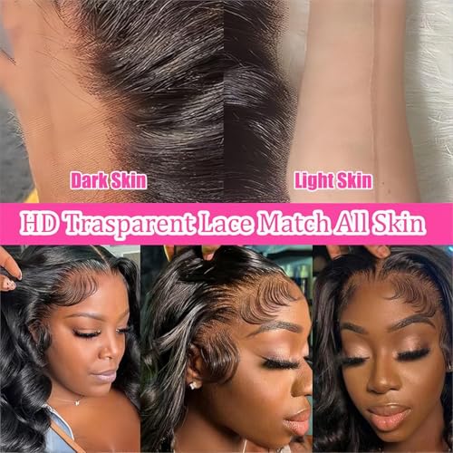 Body Wave 360 Lace Front Wigs Human Hair Pre Plucked Hidden Strap 20Inch 220% Density Drawstring Wig 360 HD Full Lace Human Hair Glueless Wigs for Black Women