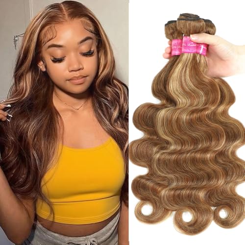 4/27 Brown Highlight Body Wave Bundles Human Hair 100% Unprocessed Brazilian Virgin Hair Honey Blonde Human Hair Body Wave Bundles Wet and Wavy