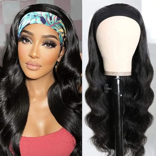 Headband Wig Human Hair for Women 20-Inch 180% Density Body Wave Headband Wigs Glueless Human Hair Wig(Body Wave, Natural Black)