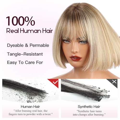 EMMOR 100% Human Hair Wig for Women - 10 Inch Shoulder Length Bob Cut with Bangs & Breathable Cap, Natural Looking for Daily Wear(Ombre Blonde Mixed Brown)