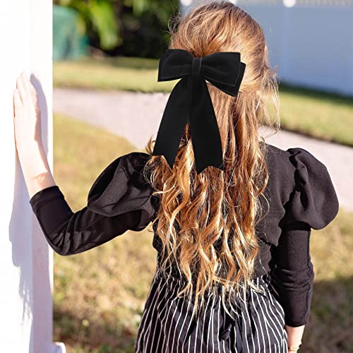 4PCS Velvet Hair Bows for Girls, Black Hair Bow Clips Ponytail Long Ribbon Bows Hair Accessories for Women Girls Toddlers Infant (Black)