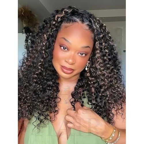 V SHOW Wear Go Glueless Half Wig Human Hair 1B/30 Highlight Water Wave Bod Wigs 3 In 1 Curly Half Wigs 180% Density Drawstring Seamless Fit Strap Flip Over Headband Wig 14 Inch Beginner Friendly