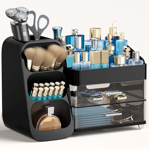 HBlife Makeup Organizer with Brush Holder for Vanity, Large Plastic Bathroom Countertop Organizer Cologne Organizer for Men, Easy to Store Lipsticks, Nail Polishes, Perfumes, Eyeshadow Palettes, Black