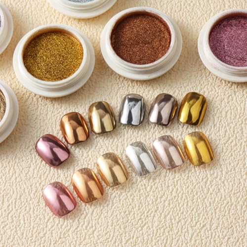 6PCS Chrome Nail Powder Metallic Mirror Pigment Glitter Effect Holographic Powder for Nails, Rose Gold Silver Champagne Rubbing DIY Dust for Nail Designs Decoration Supplies