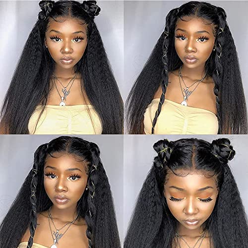 360 Lace Front Wigs Human Hair 20Inch Kinky Straight Human Hair Wig 180% Density Yaki Straight Human Hair Wig for Women Natural Color