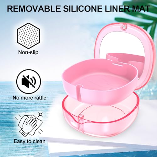 Pink Aligner and Retainer Case Double-layer Cute Slim Braces Night Mouth Guard Case with Remover Tool, Chew and Cleaning Brush, Built in Mirror Orthodontic Dental Retainer Container