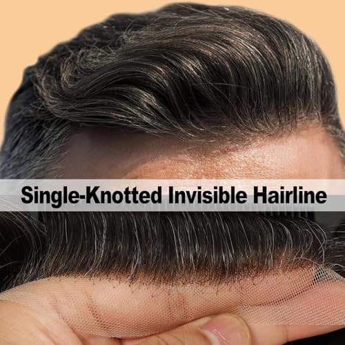 Mens Swiss Lace Toupee, #1B30 Natural Black with 30% Gray Hair 7x9 Inch Size Single-Knotted Invisible Hairline Remy Human Hair Piece