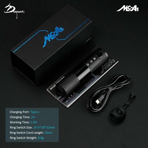 Dragoart MC-A1 Tattoo Pen Rotary Tattoo Machine, Brushless Motor 1450mAh Battery Power Tattoo Pen Machine with Ring Remote Switch Minimal Vibration Tattoo Gun Wireless for Artist & Beginners