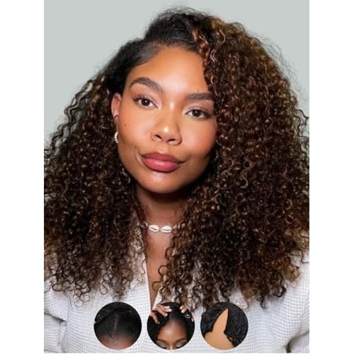 Sunber EasiContour V Part Human Hair Ombre Chestnut Brown Curly Glueless Wig Upgrade Vpart Wigs No Leave Out No Gel 180% Density V Shape Clip Wigs No Sew in Ready to Go Beginner Friendly 20Inch