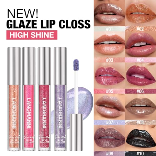 LANGMANNI 10 Colors Diamond Glitter Lip Gloss Set,Long Lasting High Shine Shimmer Liquid Lipstick Set,Hydrating,Moisturizing Lip Gloss Kit Gift Makeup For Girls