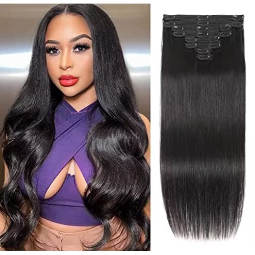 Amethyst Clip in Hair Extensions Real Human Hair for Black Women 120g 100% Unprocessed Brazilian Virgin Hair 20 Inch Natural Black Straight Remy Human Hair Extensions 8 Pcs Per Set with 18 Clips