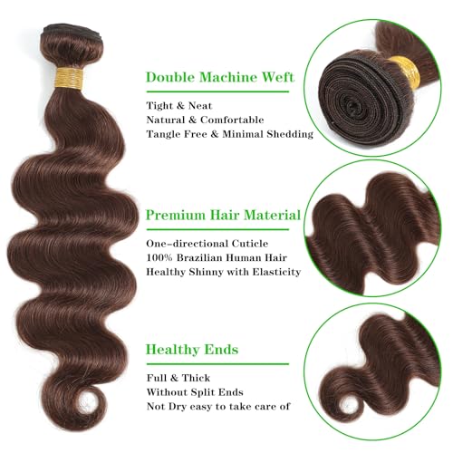 Kapelli Hair Brazilian Body Wave Bundles with Closure (18 20 22+16) 10A Light Brown Body Wave Human Hair Bundles with Lace Closure Brazilian Virgin Hair 3 Bundles with Lace Closure with Baby Hair