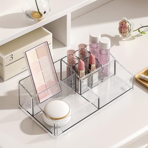 Delamu 4-Tier Clear Makeup Organizer with Drawer, Stackable Acrylic Cosmetic Storage for Bathroom Vanity, Dresser Countertop, Make Up and Jewelry Storage, Beauty Holder for Lipstick Brush Skincare