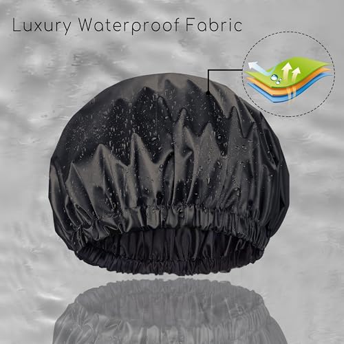 Shower Caps, Silk Lined Shower Cap for Women,Reusable,Adjustable Size, Washable & Waterproof,Large Satin Shower Cap-Black